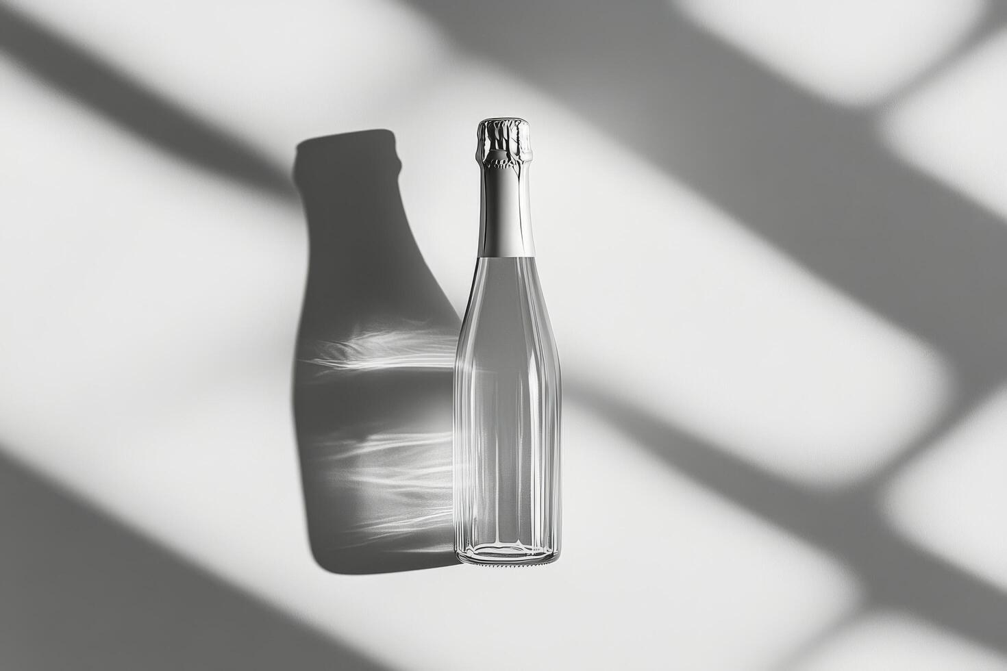 A clear glass bottle casting a shadow on a light surface in an indoor setting during daytime photo