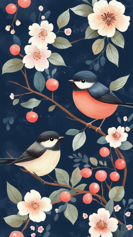 Two colorful birds perched on floral branches against a dark background in a tranquil setting photo