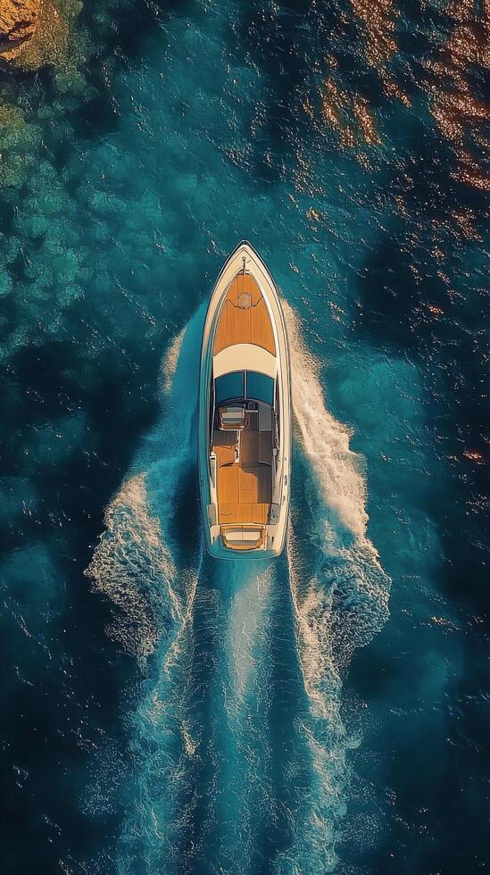 Luxury yacht cruising across vibrant blue ocean waters during a sunny day photo