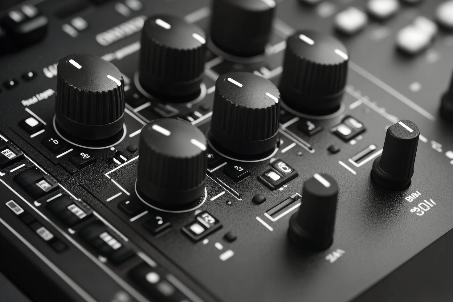 Close up view of audio mixing console with knobs and controls during music production session photo
