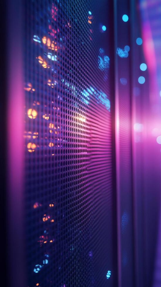 A vibrant display of colorful lights illuminating a data center corridor at night photo