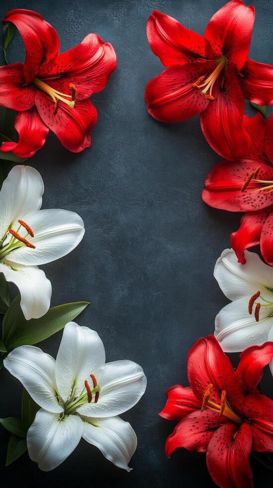 Beautiful arrangement of red and white lilies on a dark background creating a floral frame photo