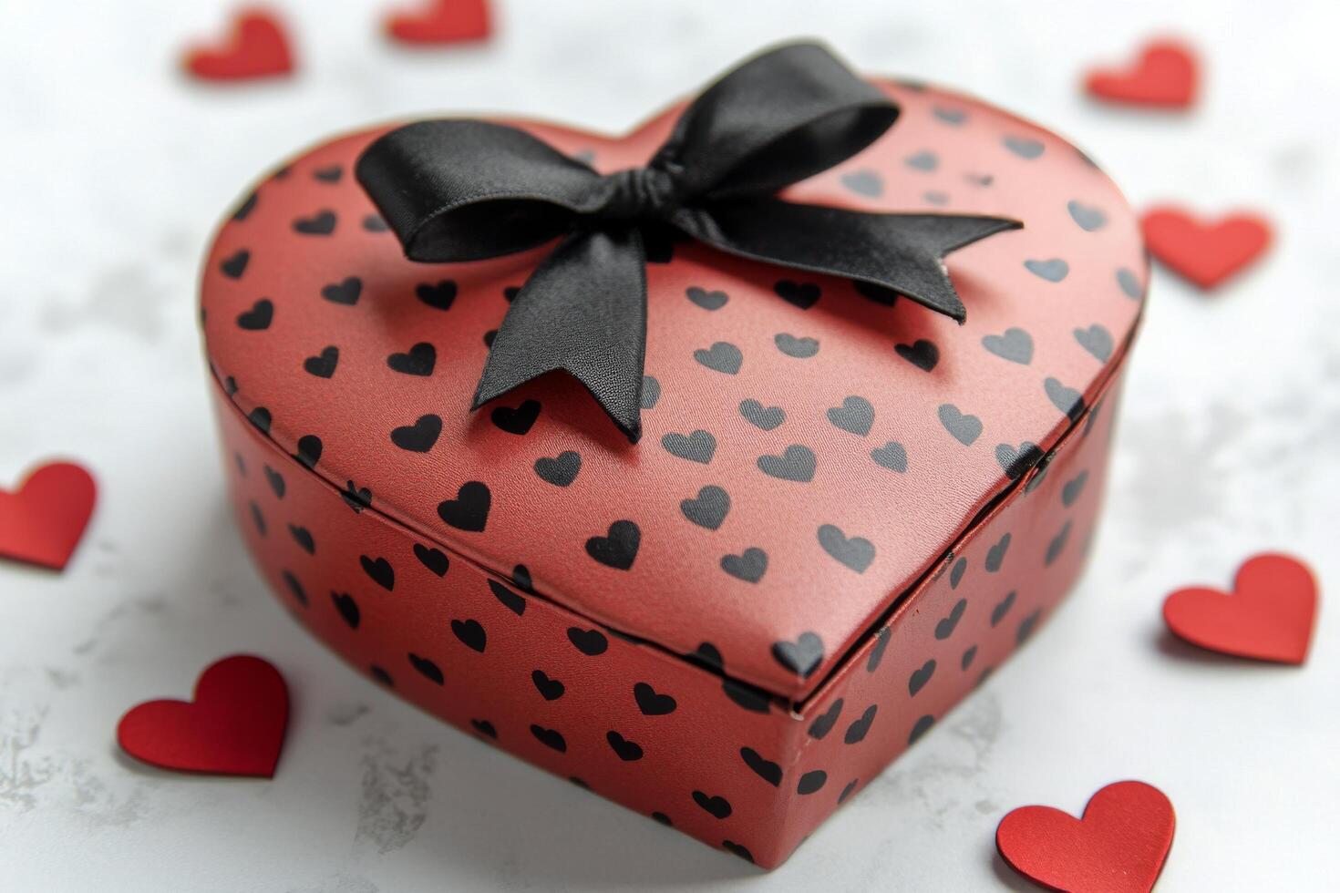Decorative heart shaped gift box with ribbon and small heart accents on a light background photo