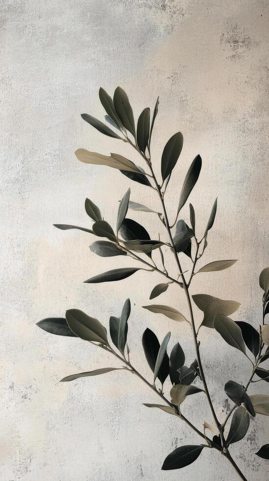 Elegant green leaves against a textured beige wall in a soft natural light setting photo