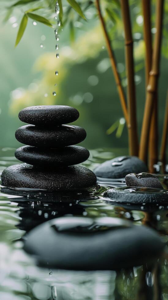 Calm water garden with stacked stones and bamboo in a serene natural setting photo