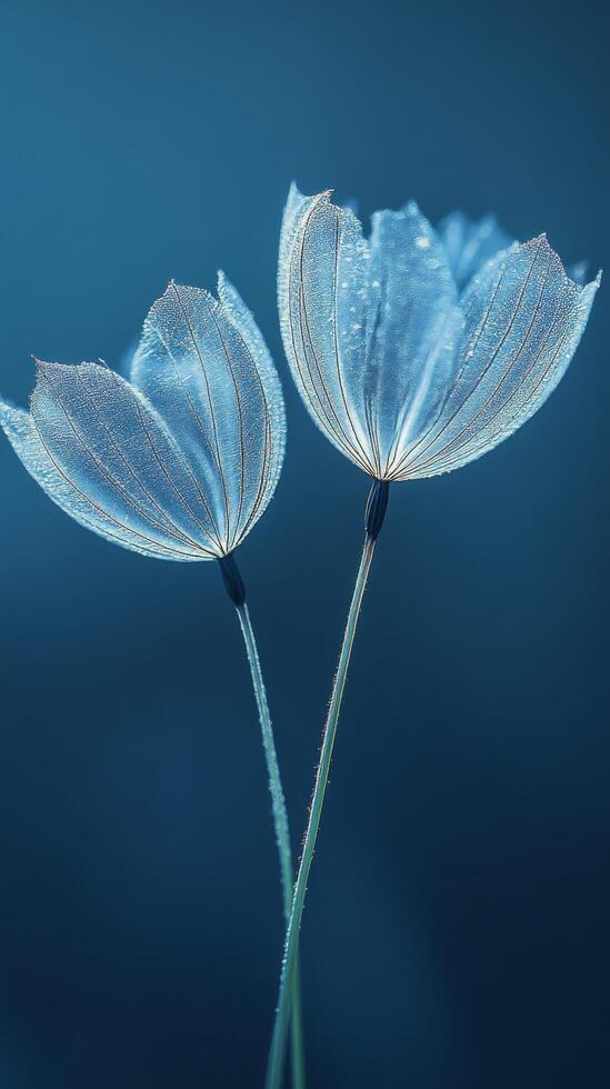 Delicate white flowers with fluffy petals set against a soft blue background in tranquil lighting photo