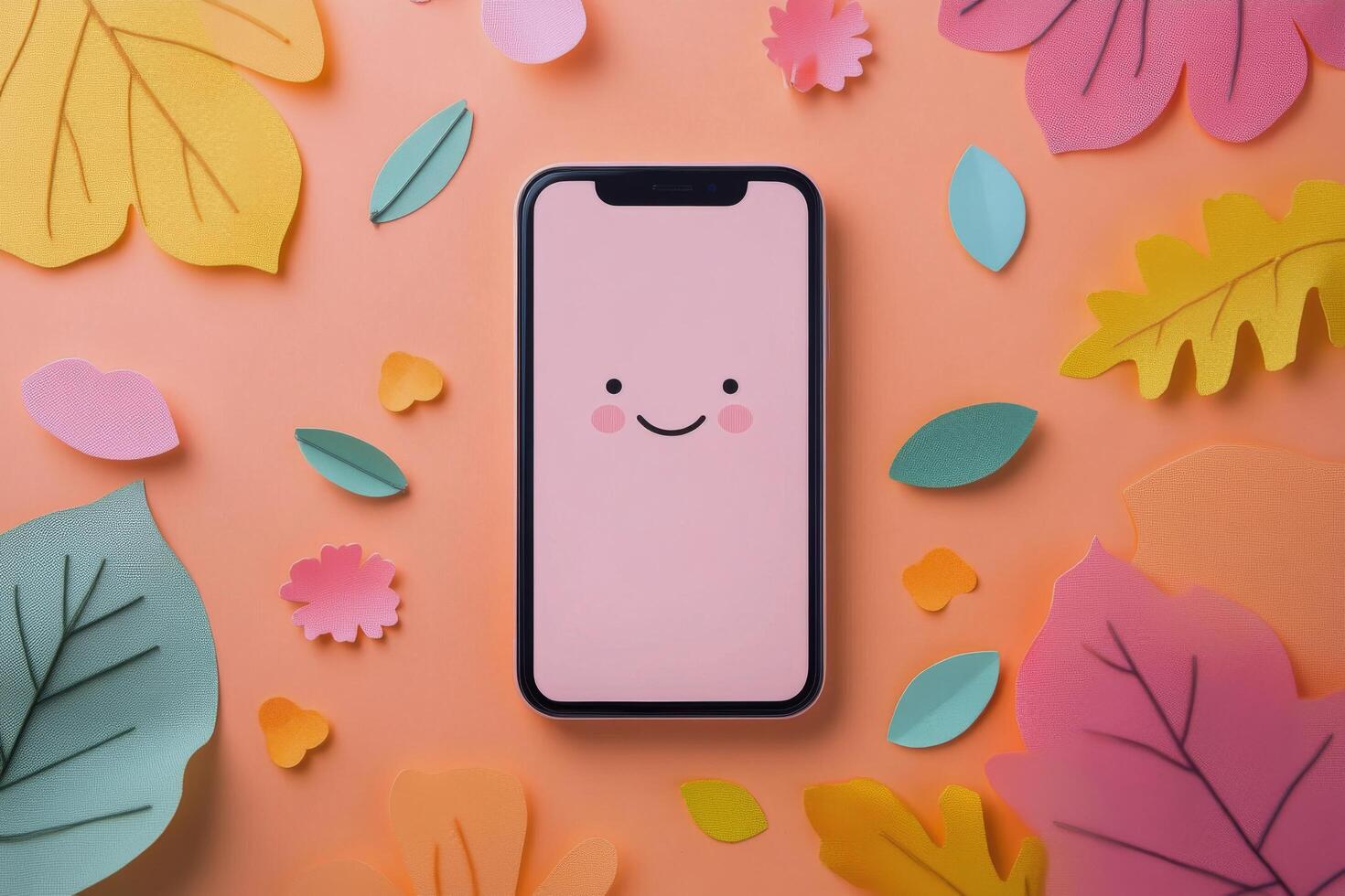 A cheerful smartphone surrounded by colorful autumn leaves on a bright background photo