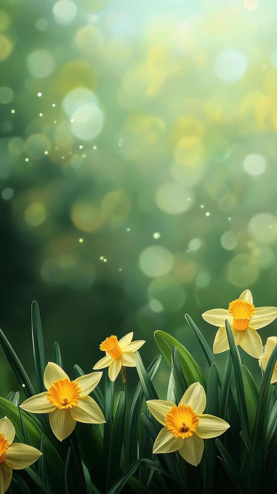 Daffodils blooming in a serene green field during springtime in soft morning light photo