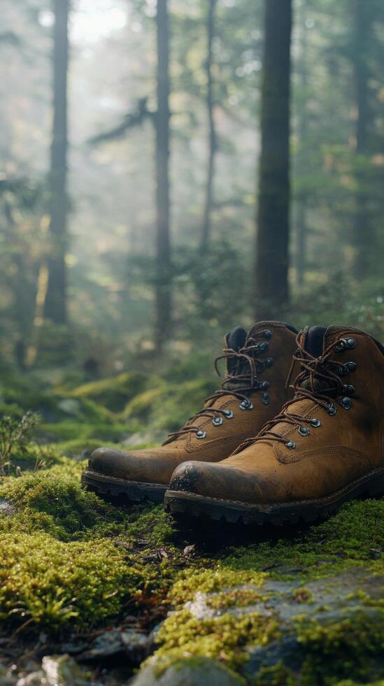 Person relaxing with hiking boots on soft moss under trees in a tranquil forest setting photo