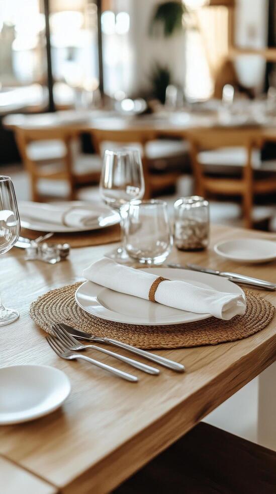 Elegant dining setup with glassware and napkins on wooden table in a cozy restaurant setting photo
