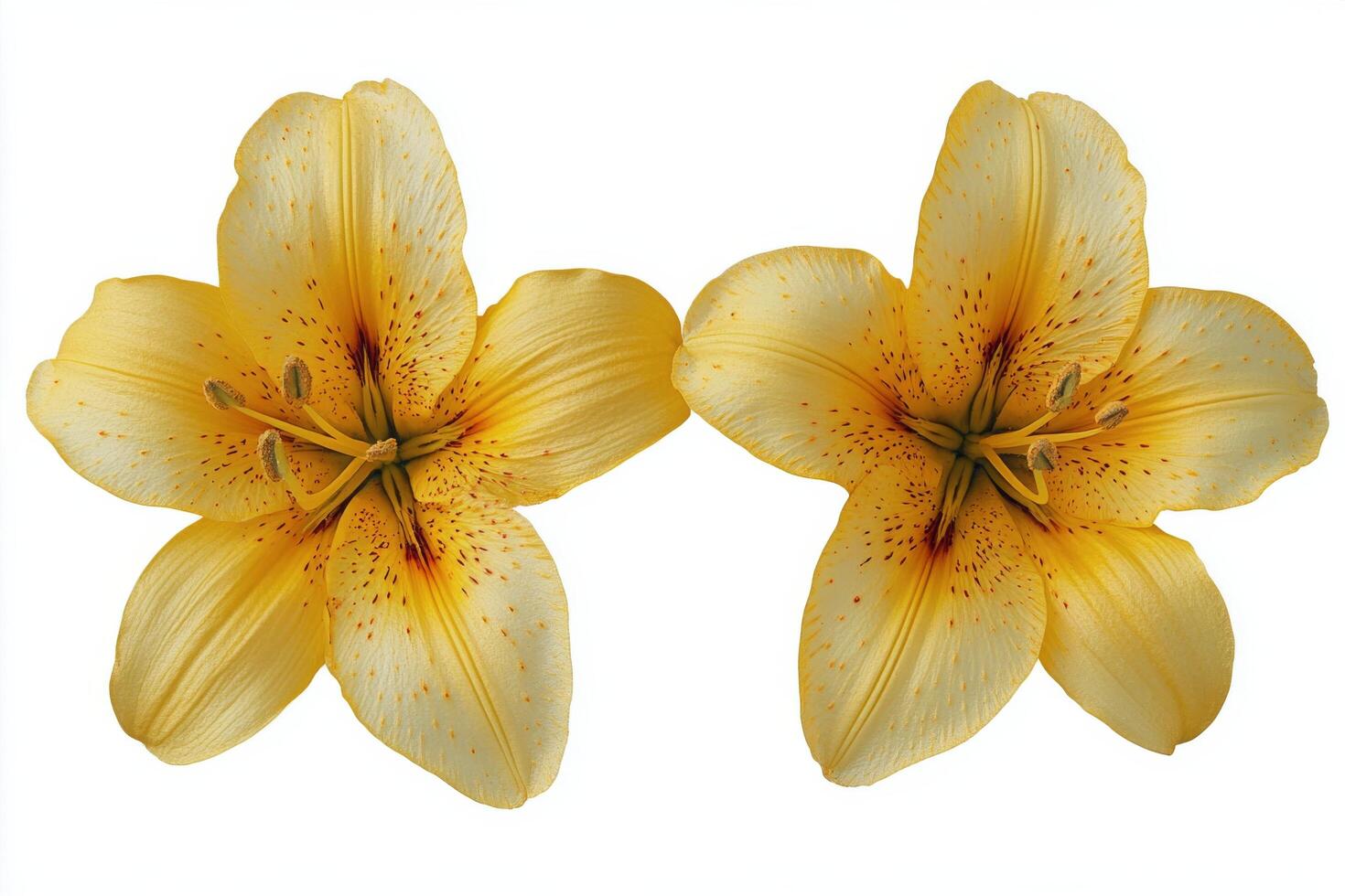 Yellow lilies in full bloom with dew drops against a white background showcasing natural beauty photo