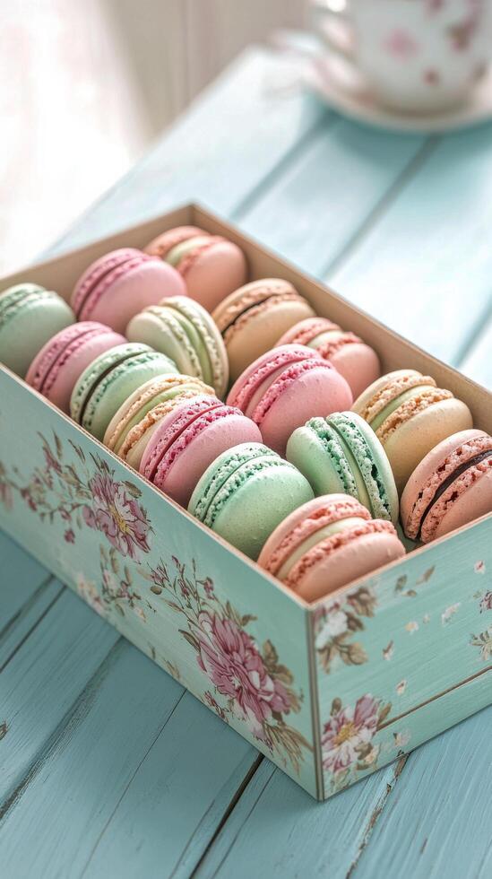 Freshly made colorful macarons arranged neatly in a decorative box on a wooden table photo