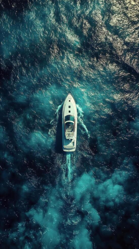 Luxury yacht cruising across vibrant blue ocean waters during a sunny day photo