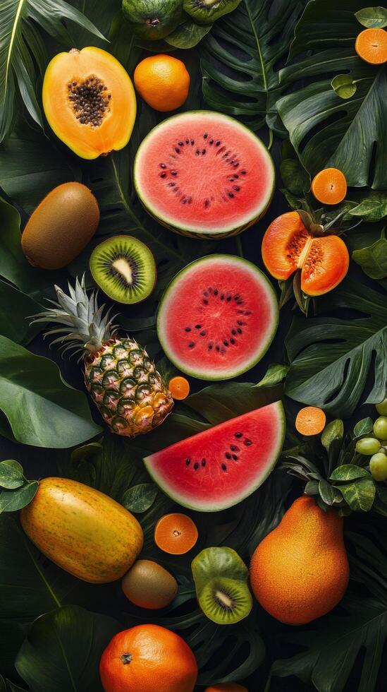 Colorful assortment of tropical fruits arranged on fresh green leaves in a natural setting photo