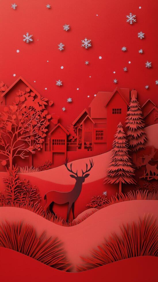 A serene red winter landscape featuring a deer and snowy houses under a starry sky photo
