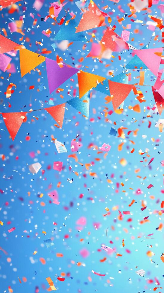 Colorful party decorations and confetti create a festive atmosphere on a clear blue day photo