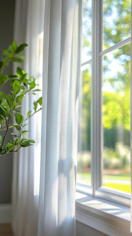 Sunlight streaming through a window onto a wooden floor in a serene garden setting photo