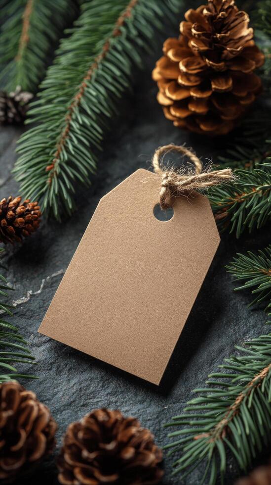 Blank kraft label surrounded by pine branches and cones on a dark stone surface photo