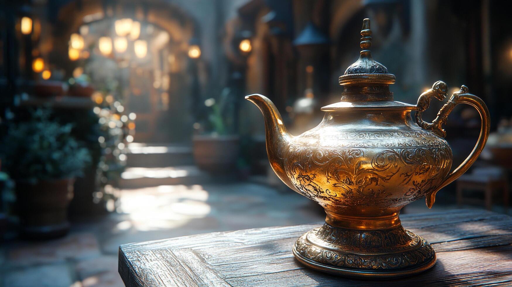 A golden ornate teapot resting on a wooden table in a sunny park near a flowing river in autumn photo