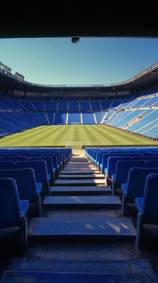 Empty blue stadium seats line the field under a clear sky during a sunny day photo