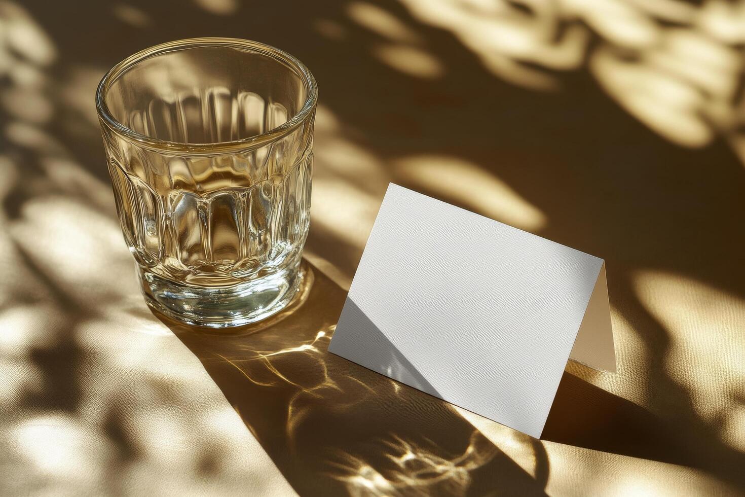 A clear glass with amber liquid next to a blank card on a softly lit table in a cozy setting photo