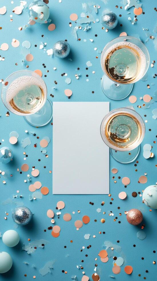 Elegant table setting with champagne glasses and a blank card surrounded by confetti photo