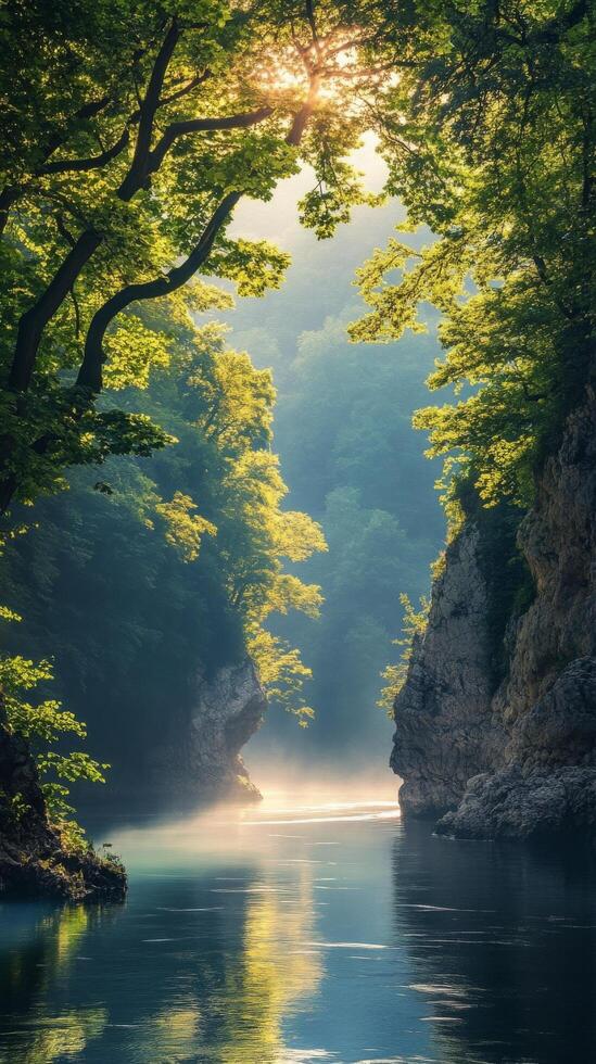 A tranquil river surrounded by lush greenery and steep cliffs during the early morning light photo