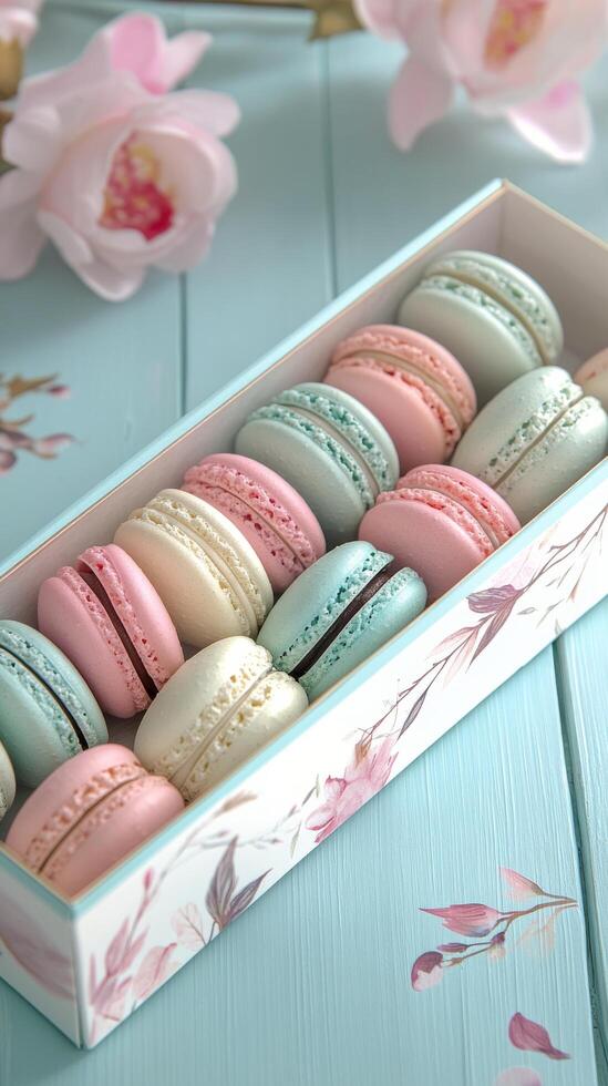 Freshly made colorful macarons arranged neatly in a decorative box on a wooden table photo