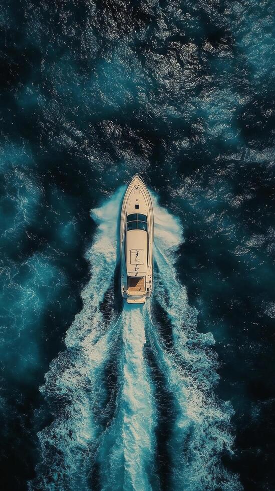Luxury yacht cruising across vibrant blue ocean waters during a sunny day photo