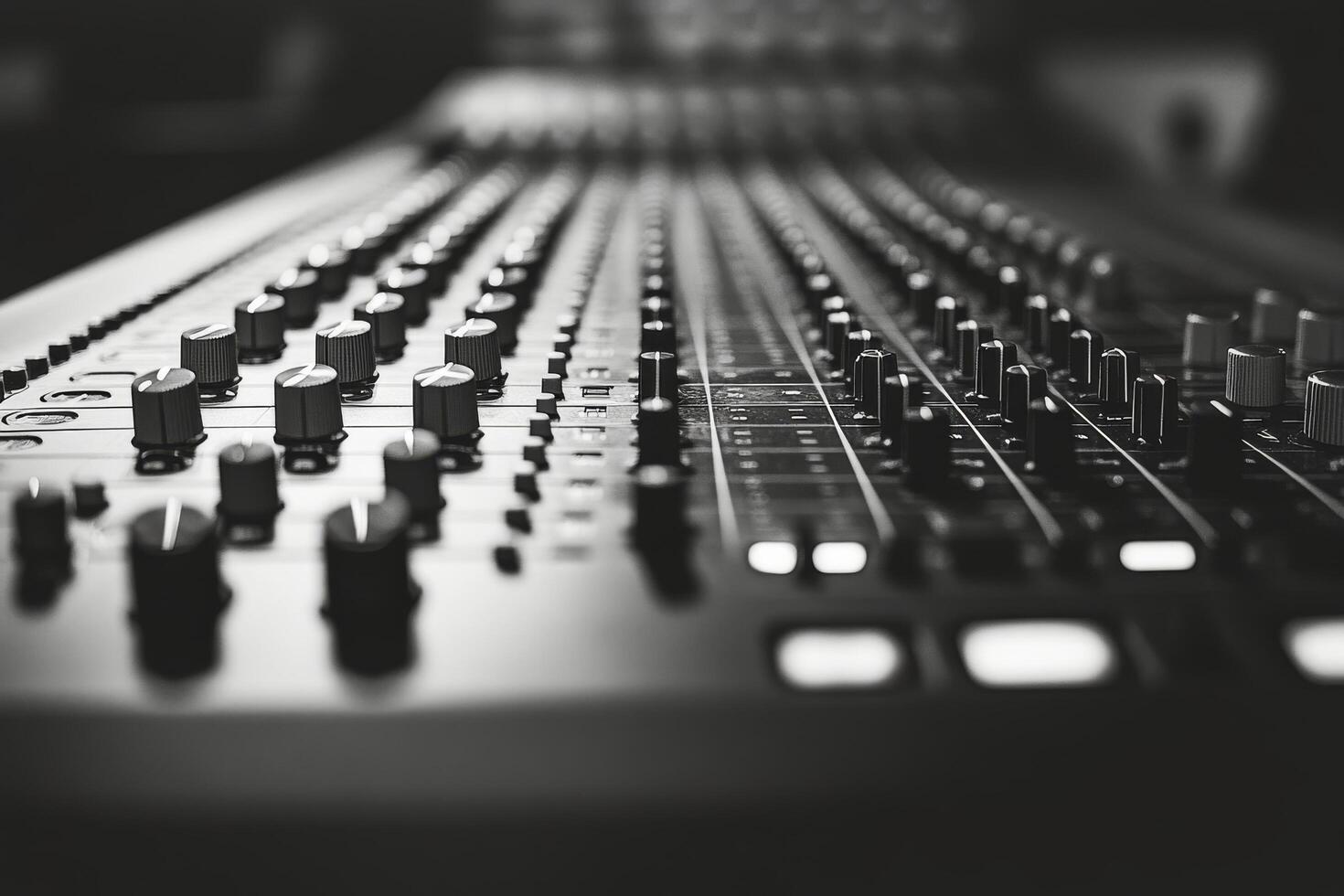 Close up view of audio mixing console with knobs and controls during music production session photo