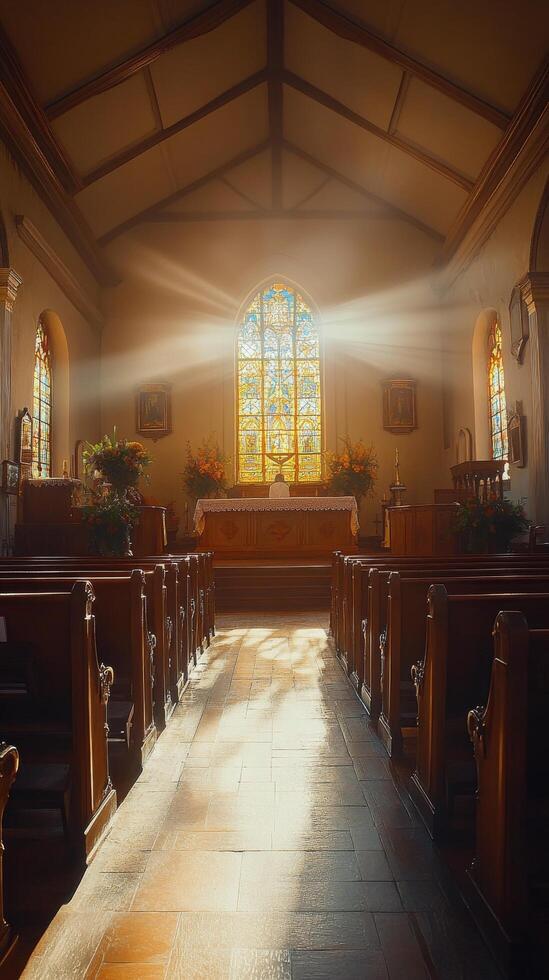 Sunlight streaming through stained glass windows in an empty church sanctuary during morning hours photo