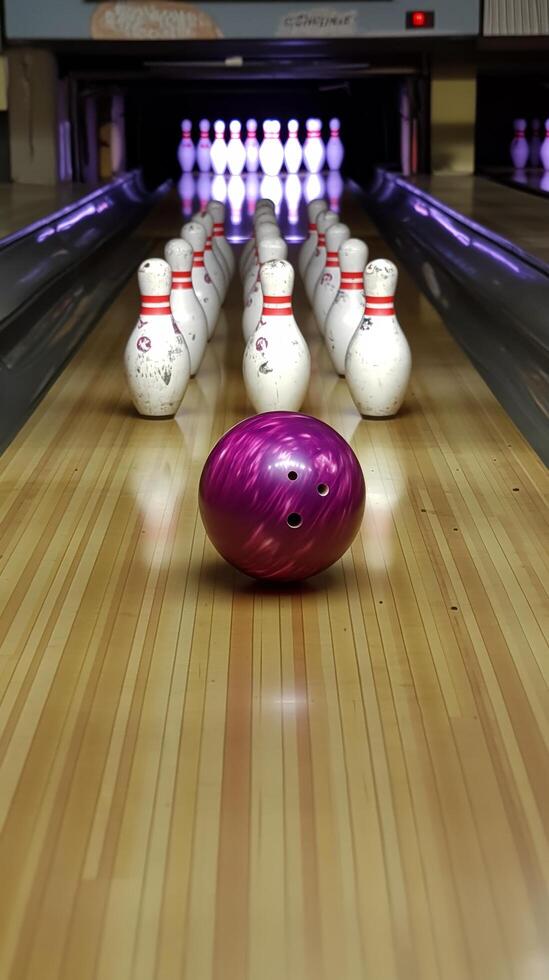 Bowling ball rolls towards pins in a bowling alley during a weekend outing photo
