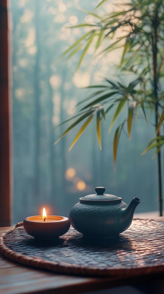 Relaxing candlelight with a green plant near a window in a cozy space photo
