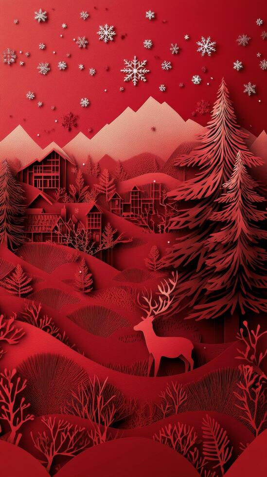 A serene red winter landscape featuring a deer and snowy houses under a starry sky photo