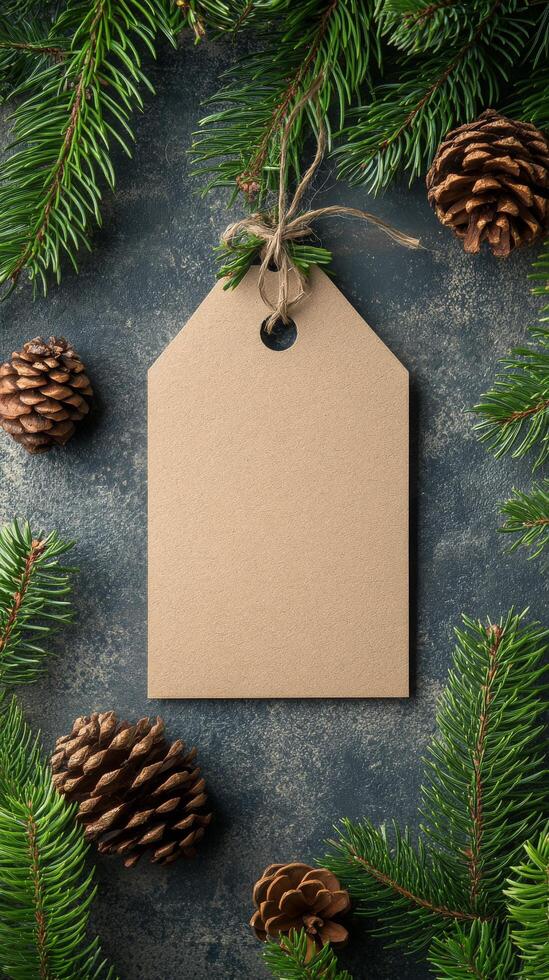 Blank kraft label surrounded by pine branches and cones on a dark stone surface photo
