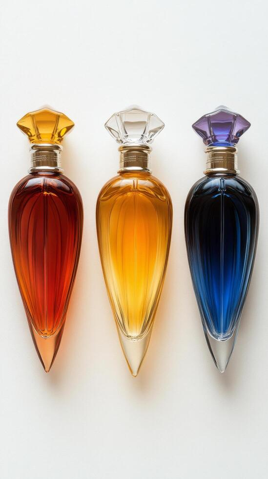 Three elegantly designed perfume bottles in vibrant colors on a neutral background photo