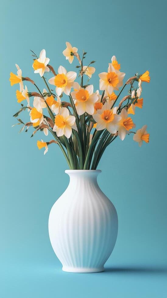 Bright yellow daffodils arranged in a white vase against a blue background in a bright setting photo