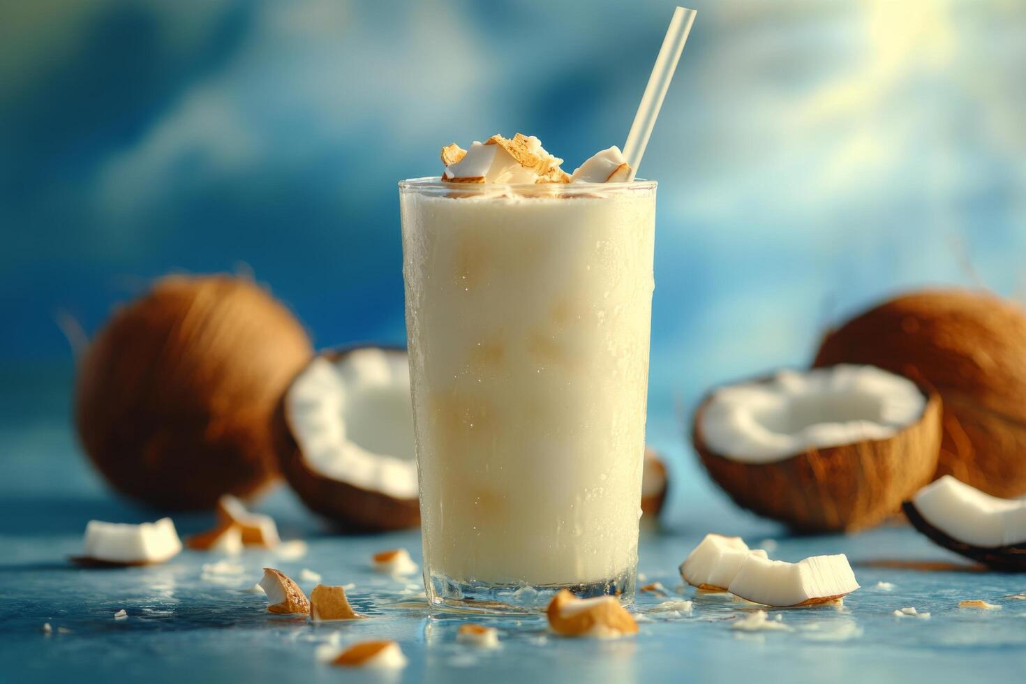 Refreshing coconut drink served in a glass with pieces of coconut and palm leaves in the background photo