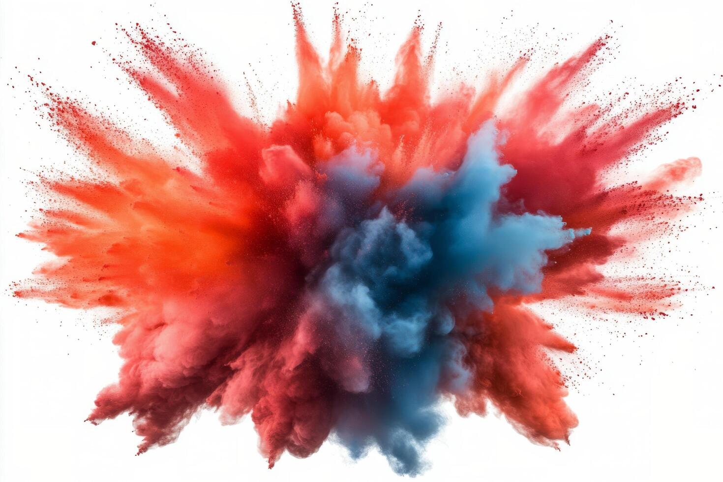 Vibrant explosion of colored powder against a white background during a creative activity photo
