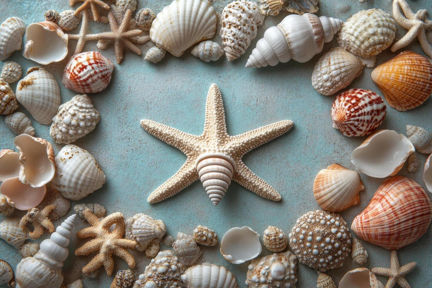 Delicate arrangement of various seashells and starfish on a light blue textured background photo