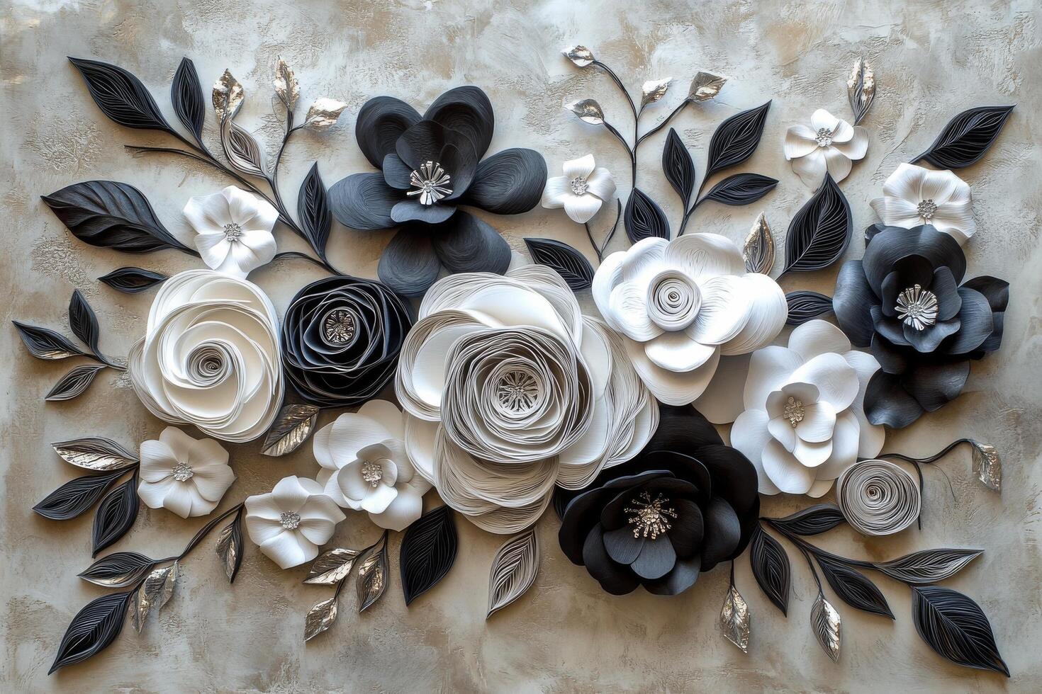 Elegant black and white floral arrangement with intricate details on a textured background photo