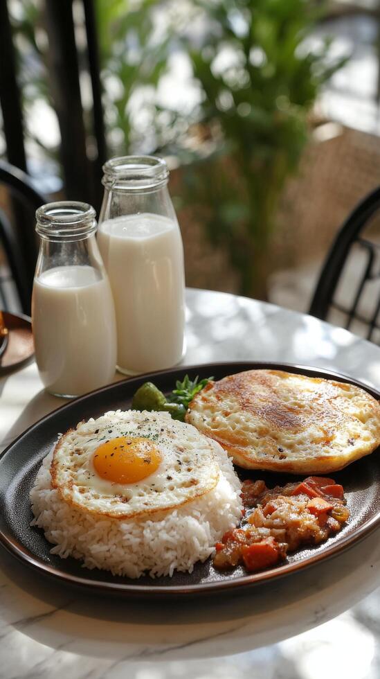 Delicious breakfast with fried eggs, rice, chicken, and drinks served at a cozy restaurant table photo