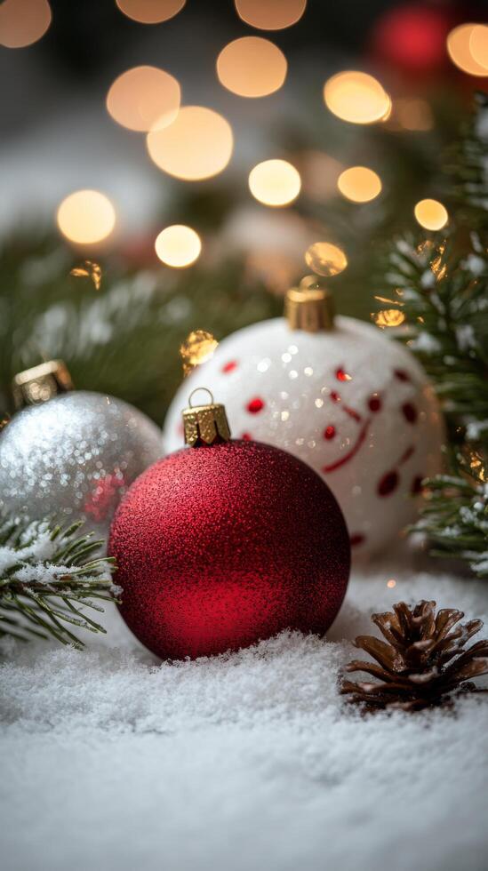 Red and silver Christmas ornaments resting on snow with a soft bokeh background during winter season photo