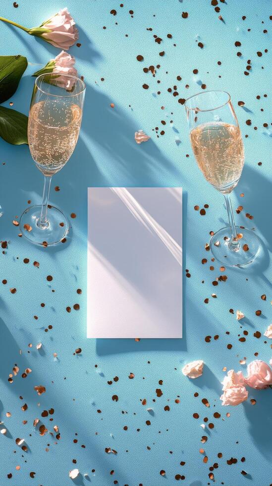 Elegant table setting with champagne glasses and a blank card surrounded by confetti photo