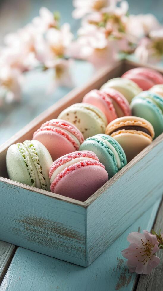 Freshly made colorful macarons arranged neatly in a decorative box on a wooden table photo