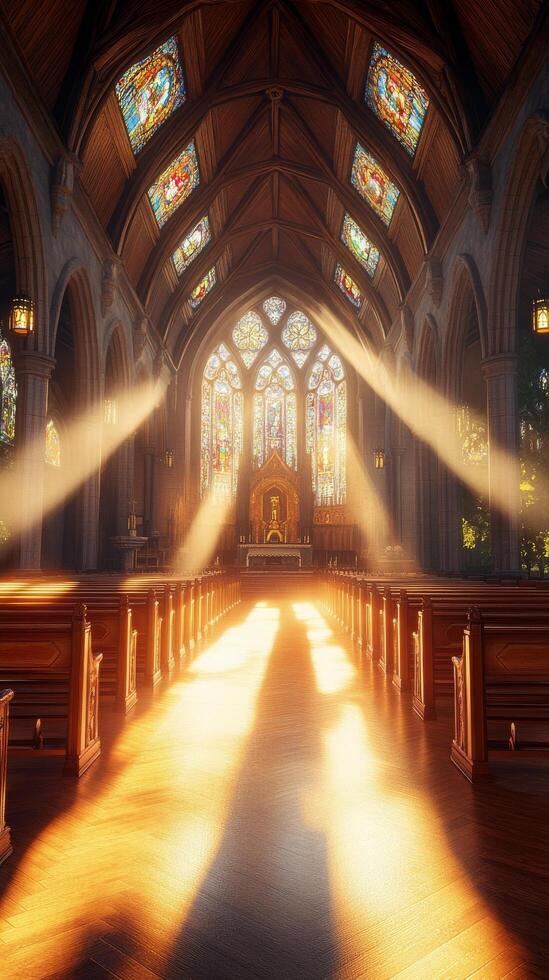 Sunlight streaming through stained glass windows in an empty church sanctuary during morning hours photo