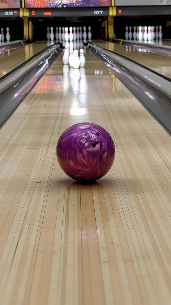 Bowling ball rolls towards pins in a bowling alley during a weekend outing photo