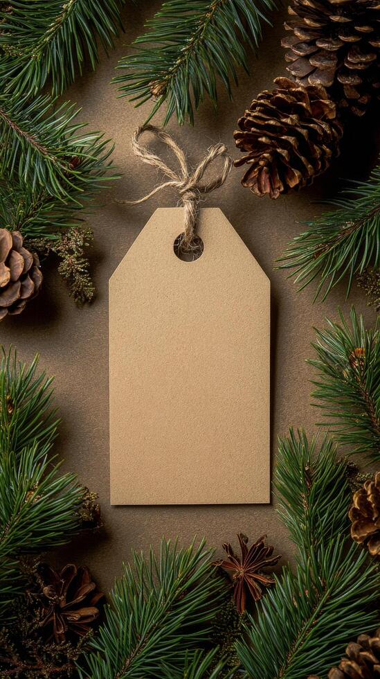 Blank kraft label surrounded by pine branches and cones on a dark stone surface photo