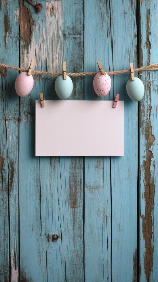 Colorful Easter eggs hanging on a string against a rustic blue wooden background with a blank card photo