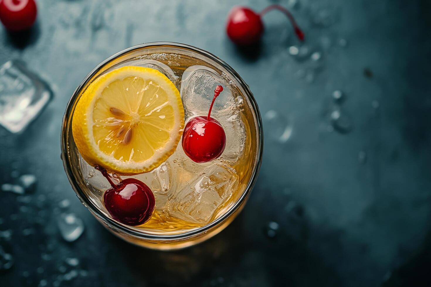 Refreshing beverage with cherries and lemon served over ice in a glass on a dark surface photo